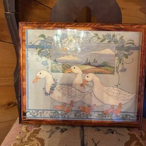 Vintage decoupage Framed Artwork Print of Three Ducks Farm Landscape Rural Scene